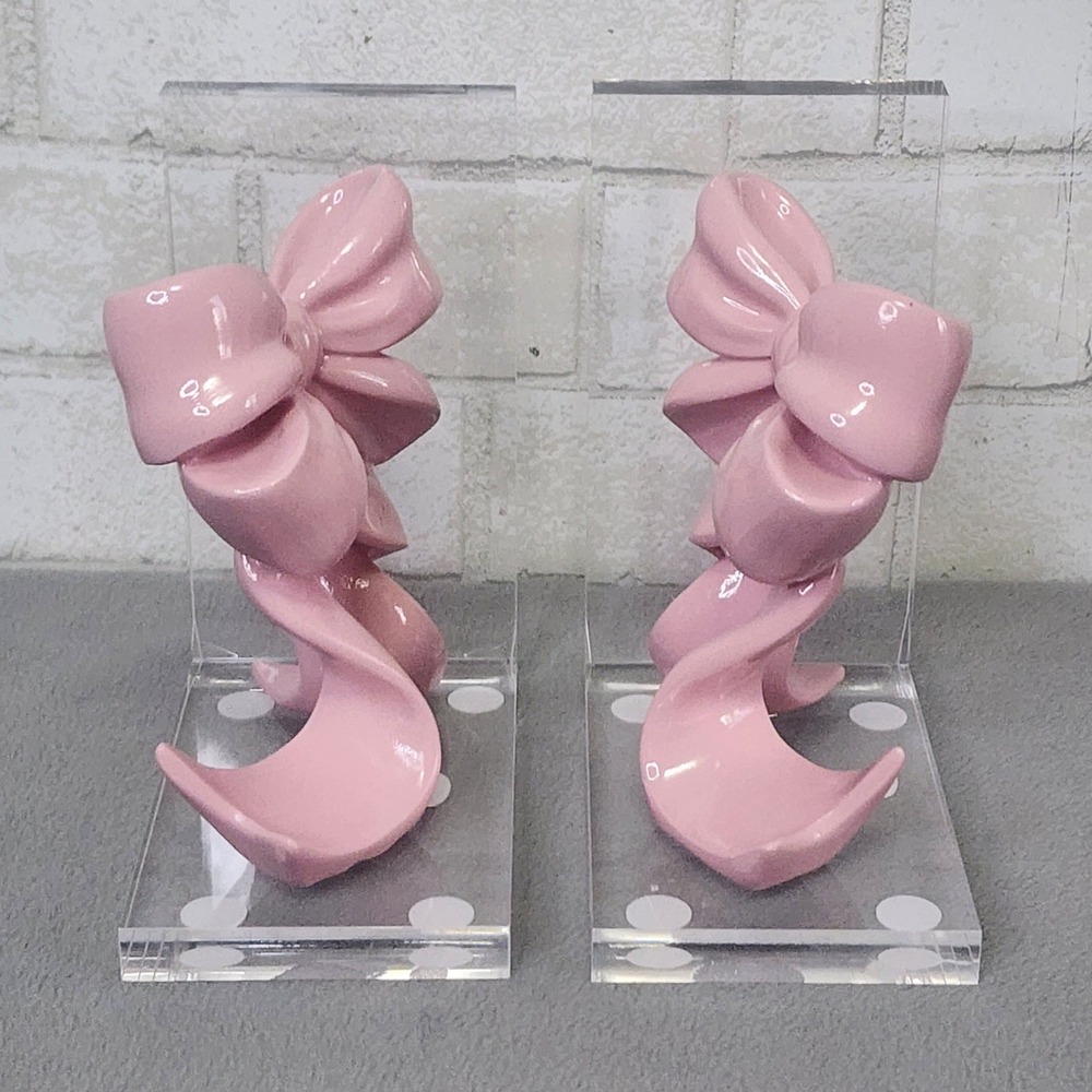 Pink Bow Bookends Coquette Bookend Acrylic Resin Girly Office Nursery 2 Pc Clear - Picture 7 of 8